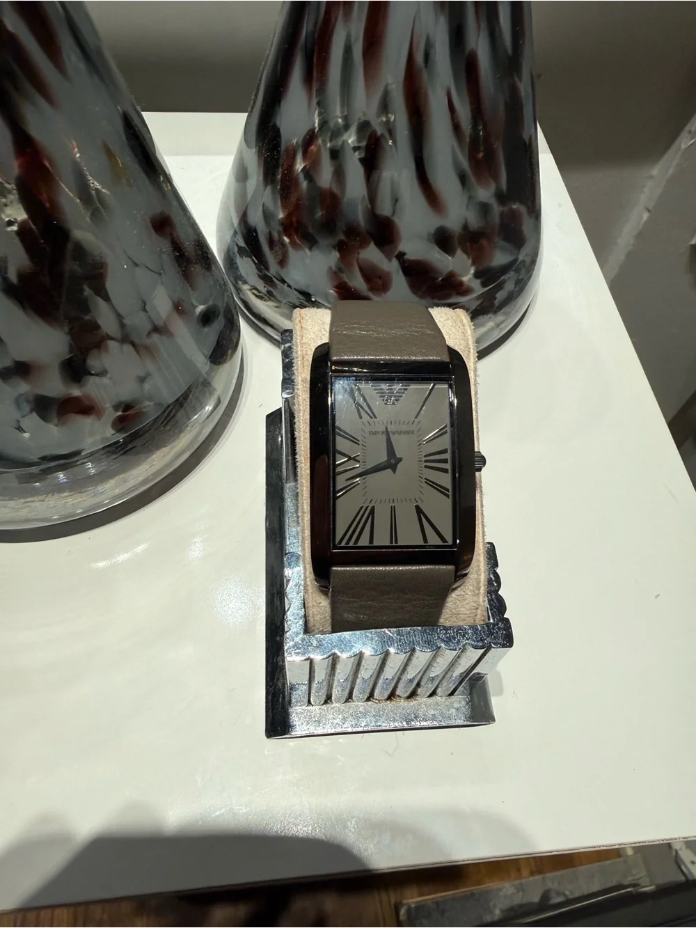 Armani Black Stainless Rectangular Roman Numeral Watch - Gray Leather Strap